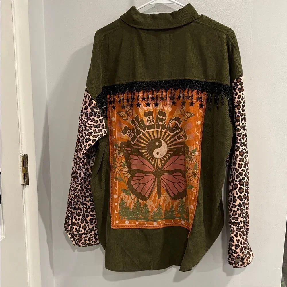 Up Cycled Women’s Olive Green and Leopard Print Button Down Shirt